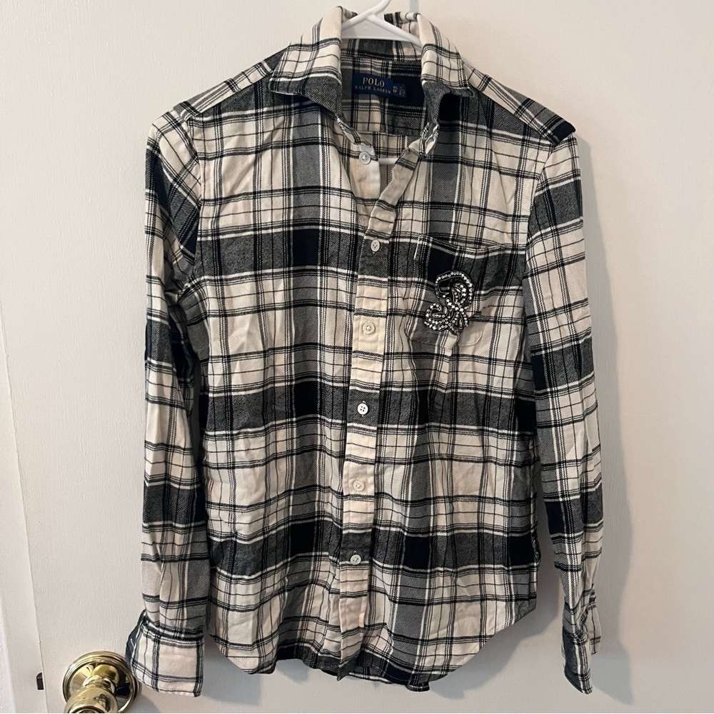 Polo Ralph Lauren Plaid Flannel Button Down Top Rhinestone Crest Black White XS - Picture 2 of 15